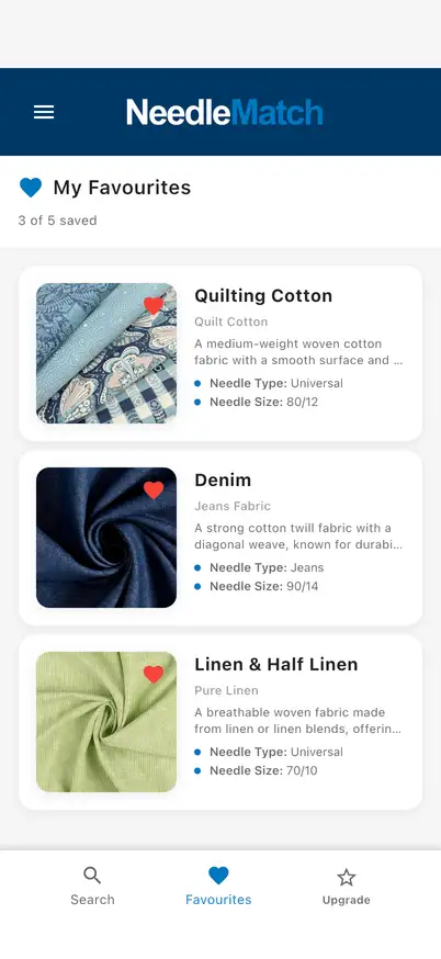 My Favourites in the app with Quilting Cotton, Denim and Linen & Half Linen saved.