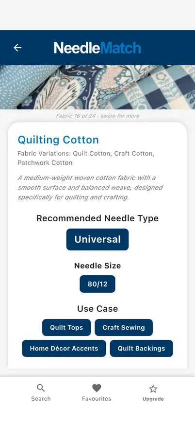 The Quilting Cotton page showing Universal, size 80/12, and its use cases.