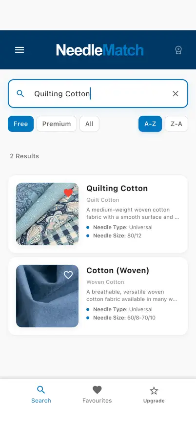 The NeedleMatch app: searching for Quilting Cotton, with Quilting Cotton and Cotton (Woven) in the results, each showing its needle type and size.